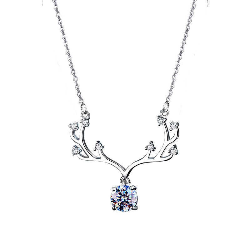 925 Sterling Silver Antler Pendant Necklace with Moissanite, Unique Christmas Gift for Women, Delicate Collarbone Chain Jewelry