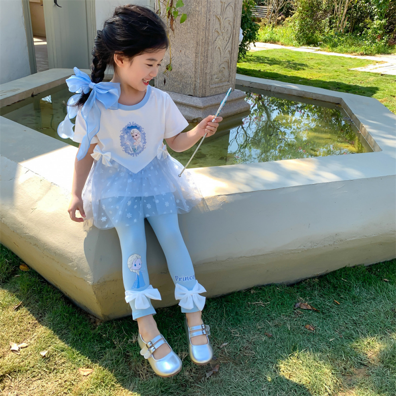 DISNEY Frozen Elsa princess kids designer clothes Summer sheer set for girl baby girl pure cotton short-sleeved two-piece set.
