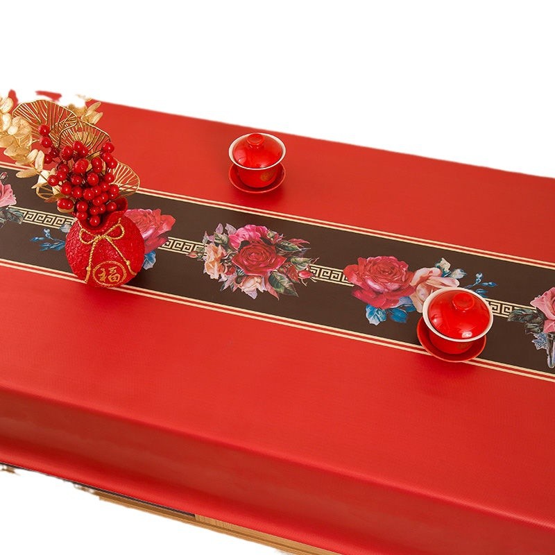 XX0388 New Year tablecloth PVC red festive waterproof, oil-proof and scalding tablecloth 2024 new Chinese style tea table cloth