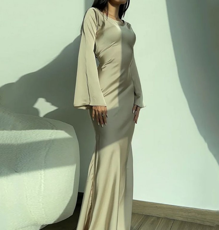 Casual Dresses Ellafads Women Long Dress Autumn Fashion Simple Round Neck Satin Flare Sleeve Lace Up Slim Evening Party Streetwear