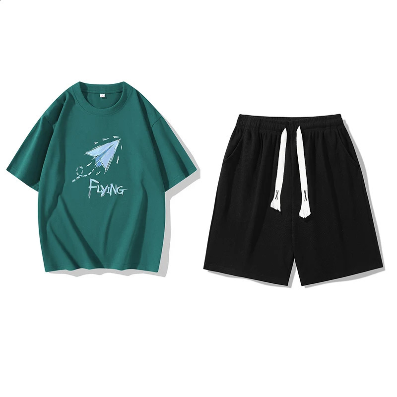 Mens casual summer clothing set white airplane graphic Tshirt and black drawstring shorts fashionable twopiece lounge combination 250430Z