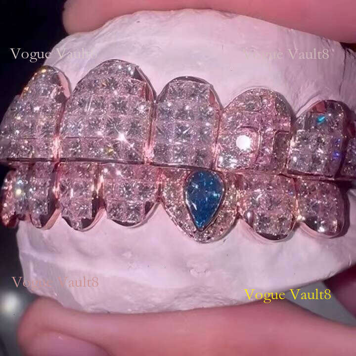 Hop Iced Out Invisible Setting Princess Cut Custom Solid Sier Rose Gold VVS Moissanite Dia Grillz