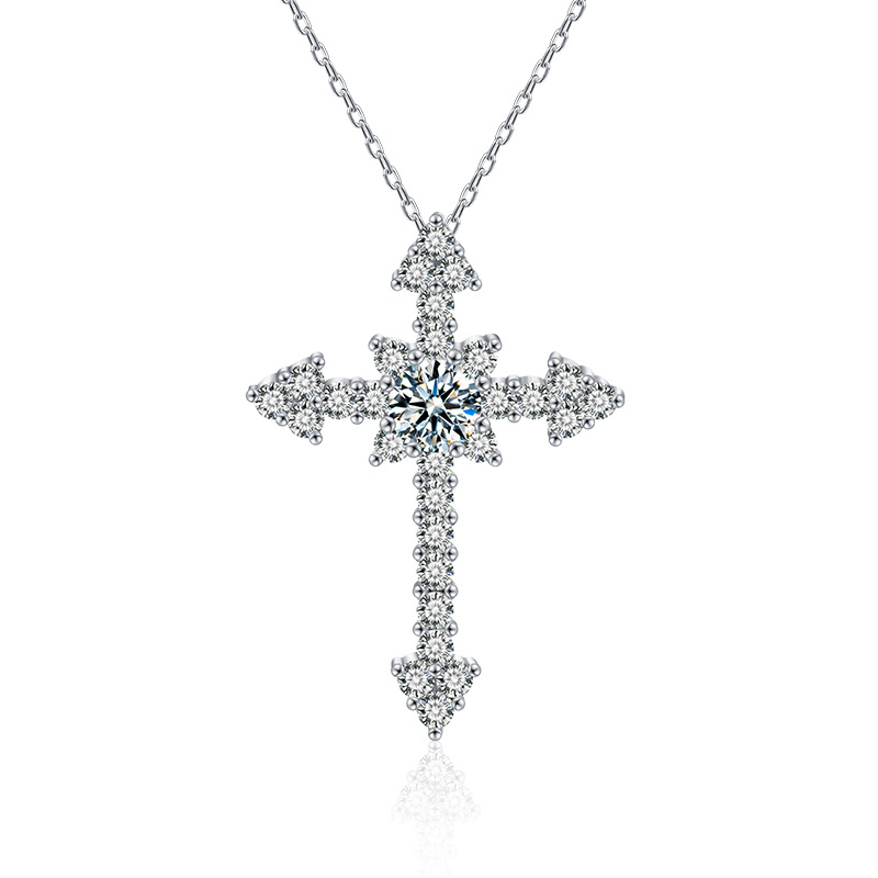 Luxury Statement Piece: Genuine Sterling Silver Moissanite Cross Neckpiece Adorned with Sparkling Stones