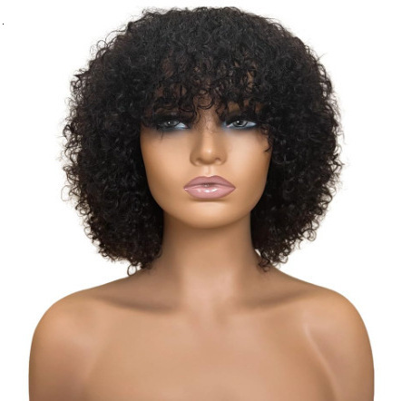 womens Wig black short curly hair with bangs small curly hair synthetic fiber full head cover