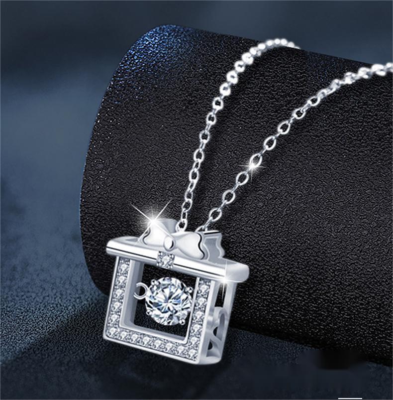 925 Sterling Silver Moissanite Gift Box Pendant Necklace | Elegant Bow Design Crystal Jewelry for Women Holiday Present