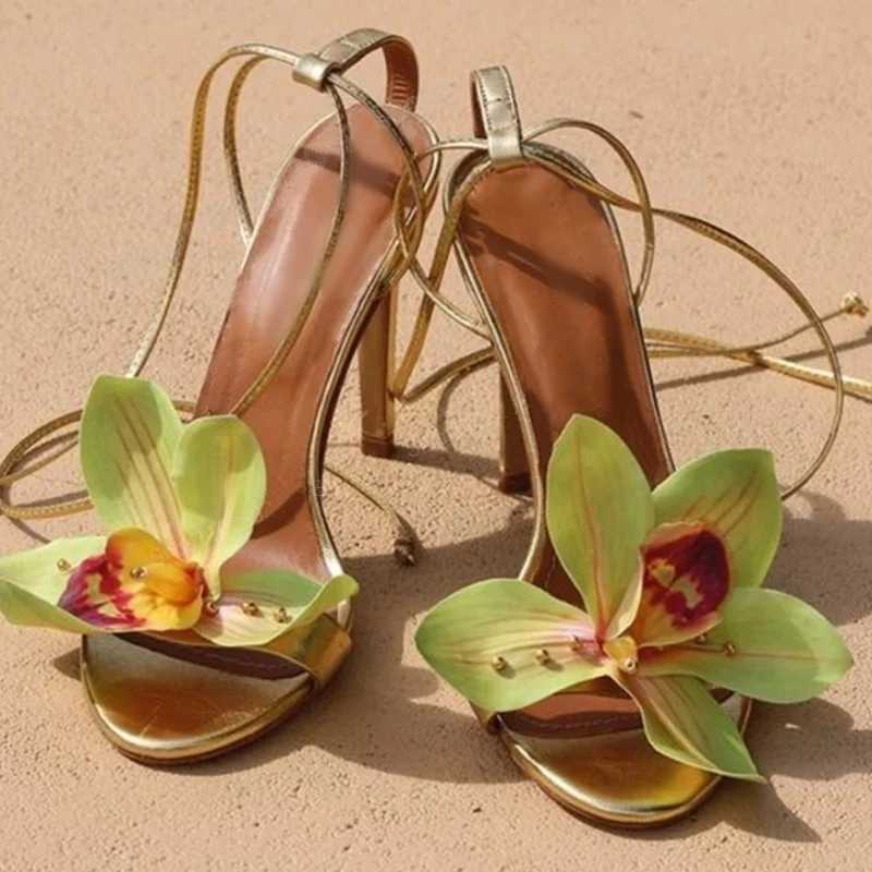 2024 Summer Womens Heel Sandals Flower Round Toe Sexy High Heels Womens Stiletto High Heels Strap Sandals Size 45 43 M250506