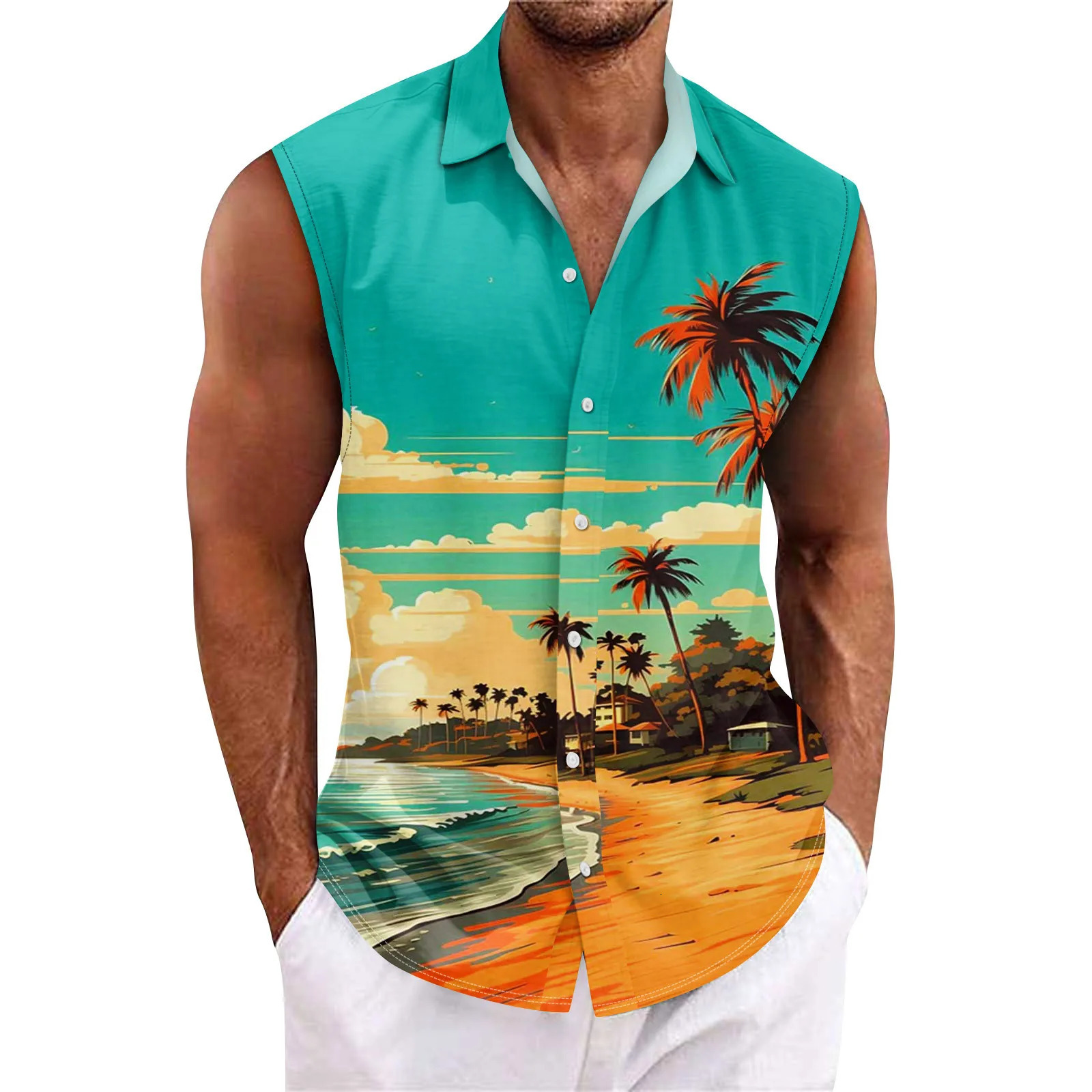Mens summer surfing beach vest casual sleeveless shirt loose fitting Hawaiian underwear mens gym 250430