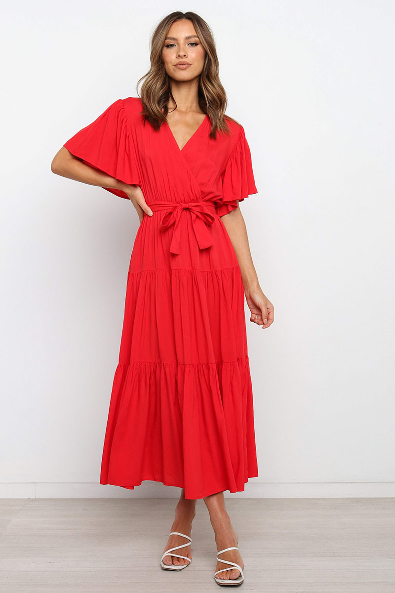 CNLONGBIDA Casual Dresses For Women 2025 V Neck Commuting Printed Short Sleeved Waist Long Skirt Bohemian Dress Ropa Para Mujer