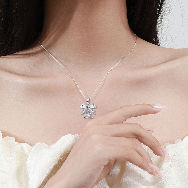 Elegant Bow and Bell Pendant Necklace in S925 Silver with Moissanite - Festive Holiday Charm Jewelry Gift for Women
