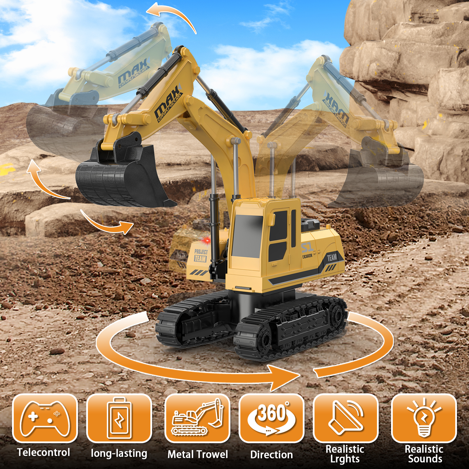 Model A: 1:2410 Alloy Excavator Remote Control Vehicle (Yellow)