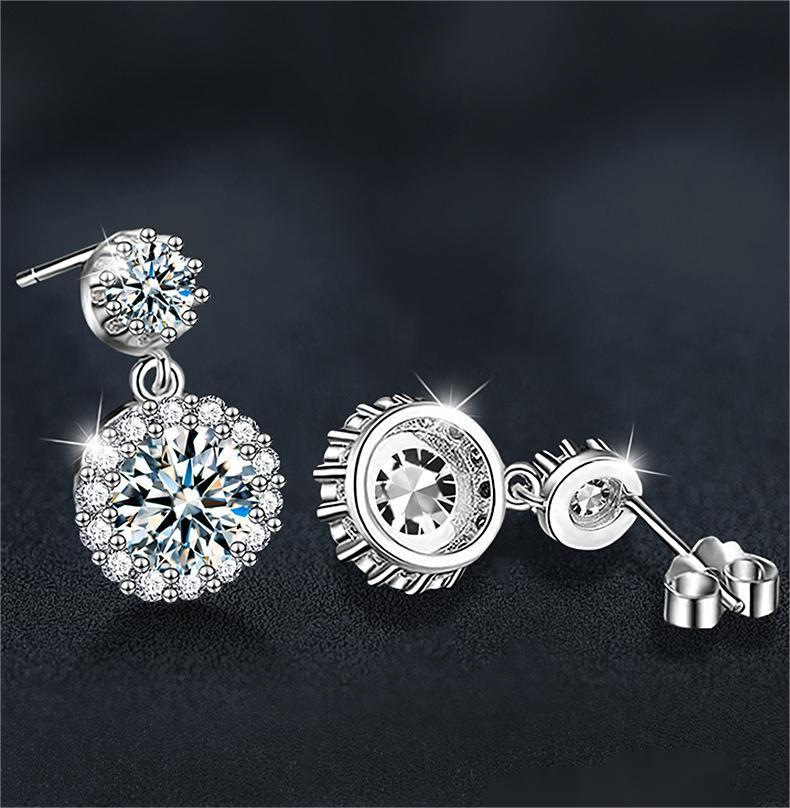 Moissanite Halo Drop Earrings for Women S925 Sterling Silver | Round Brilliant Studs with Dazzling Double Layer Design
