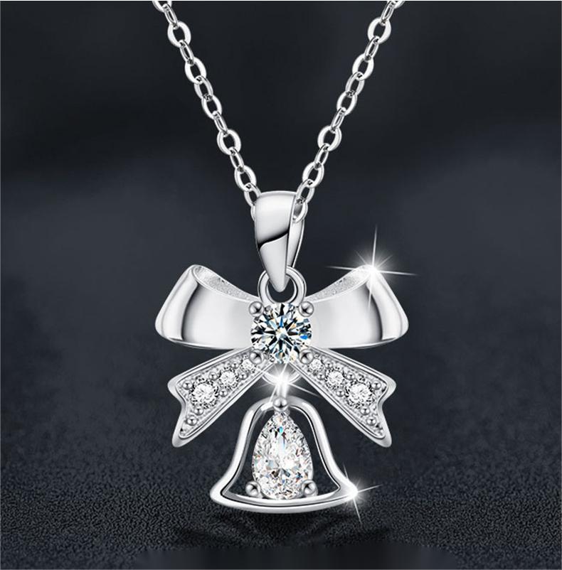 S925 Silver Moissanite Bell Pendant Necklace | Christmas Bow Design | Minimalist Collarbone Chain Jewelry for Women Winter Gift