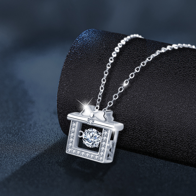 925 Sterling Silver Moissanite Gift Box Pendant Necklace | Elegant Bow Design Crystal Jewelry for Women Holiday Present