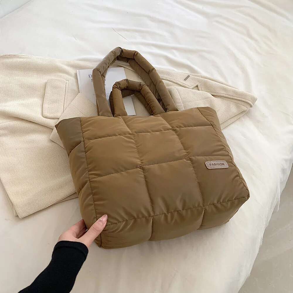 ddmy Padded Women Cotton Solid Color Checkered Quilted Handbag Large Capacity Casual Autumn Winter Female Bag