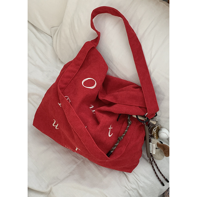 Korean version embroidered letter corduroy large bag for girls 2024 New tote bag for Students to attend classes Large-capacity crossbody bag