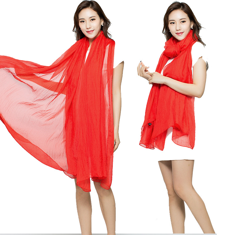 K636 Summer solid color imitation silk oversized silk scarf seaside beach towel long spring and summer women's chiffon scarf pleated shawl