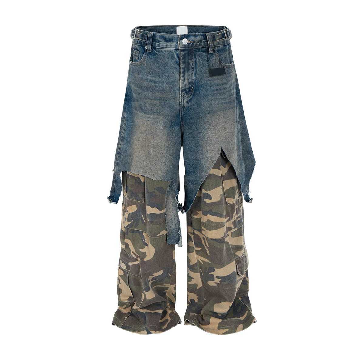 Vintage Ripped Fake Two Pieces Patchwork Camouflage Cargo Pants for Men Distressed Baggy Jeans Wide Leg Loose Denim Trousers W250506
