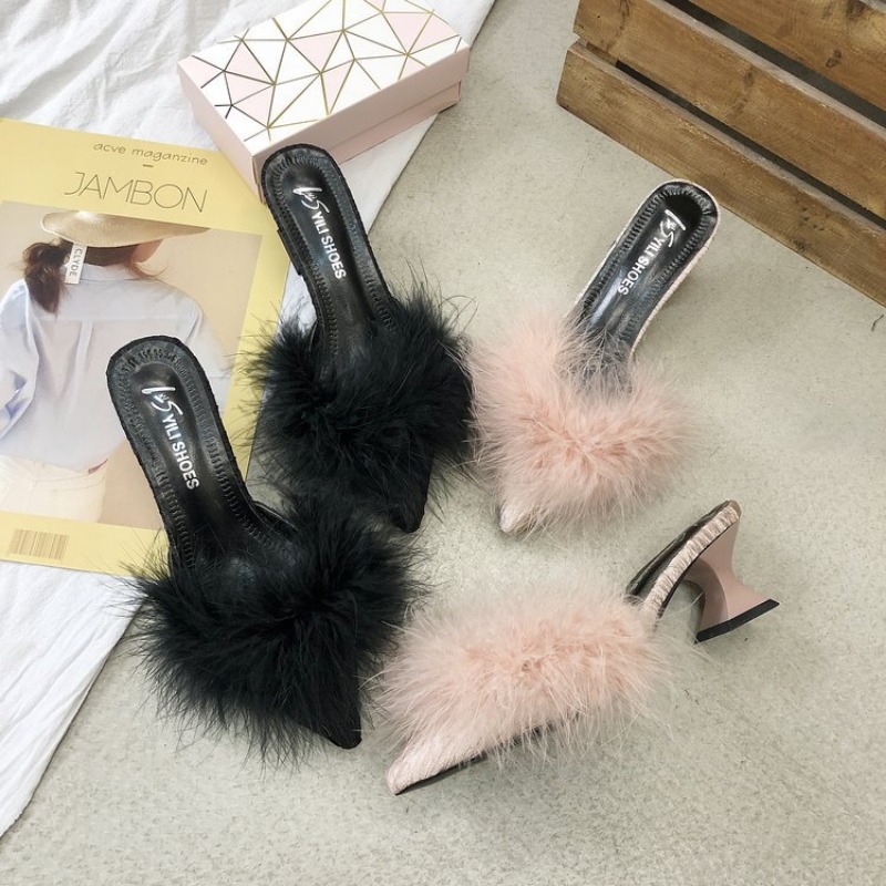 Womens Summer Fashion Fluffy High Heeled Pointed Toe Slip-On Sandals with Unique Shape