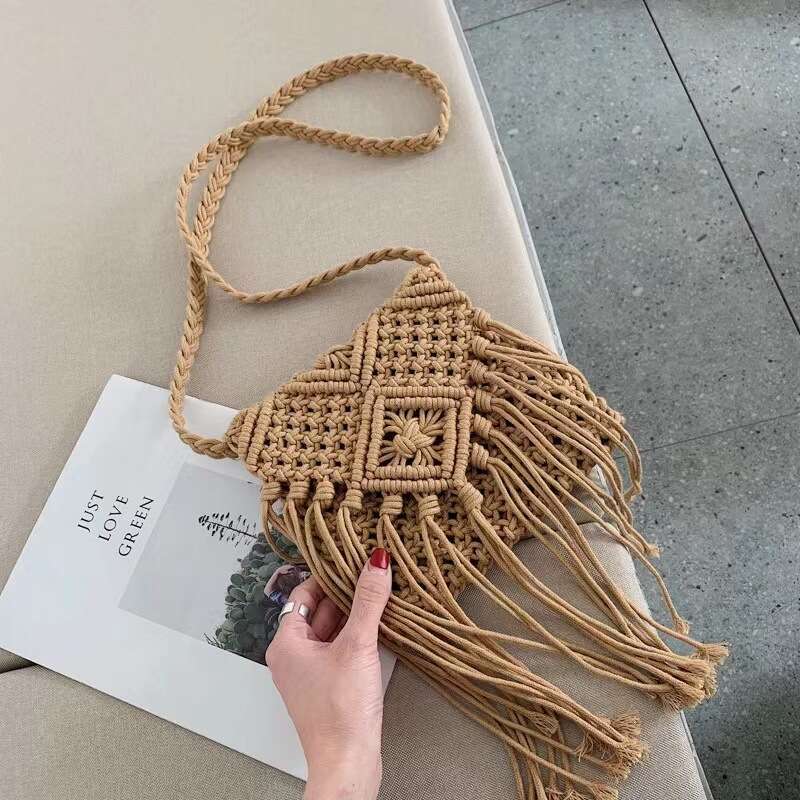 Summer Woven Bag Beach Bag Cotton Thread Crossbody Grass Ethnic Style Handmade Woven Bag Hollowed Out Tassel Fresh Korean Version Small Bag KQ KQ