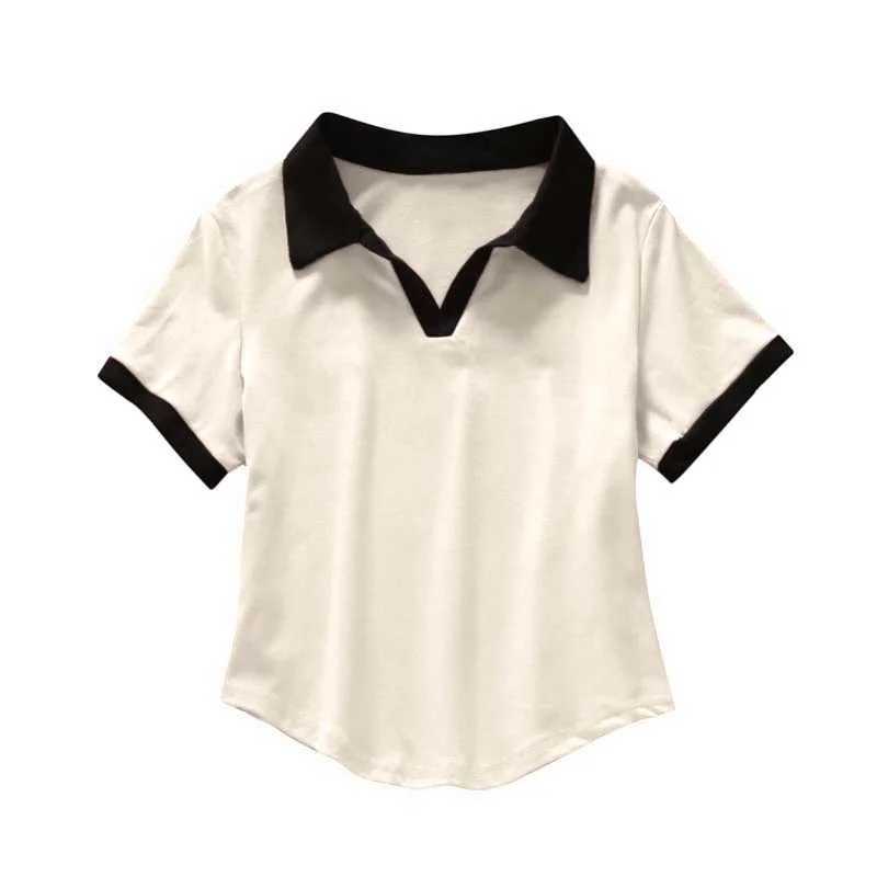 Streetwear fashion contrast color V-neck short sleeved polo shirt womens casual slim fit cotton polo shirt y2k top women M250506