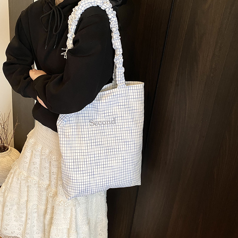 Wholesale casual canvas bag, Korean-style laid-back underarm bag for women, 2025 new checkered tote bag, pleated single shoulder bag