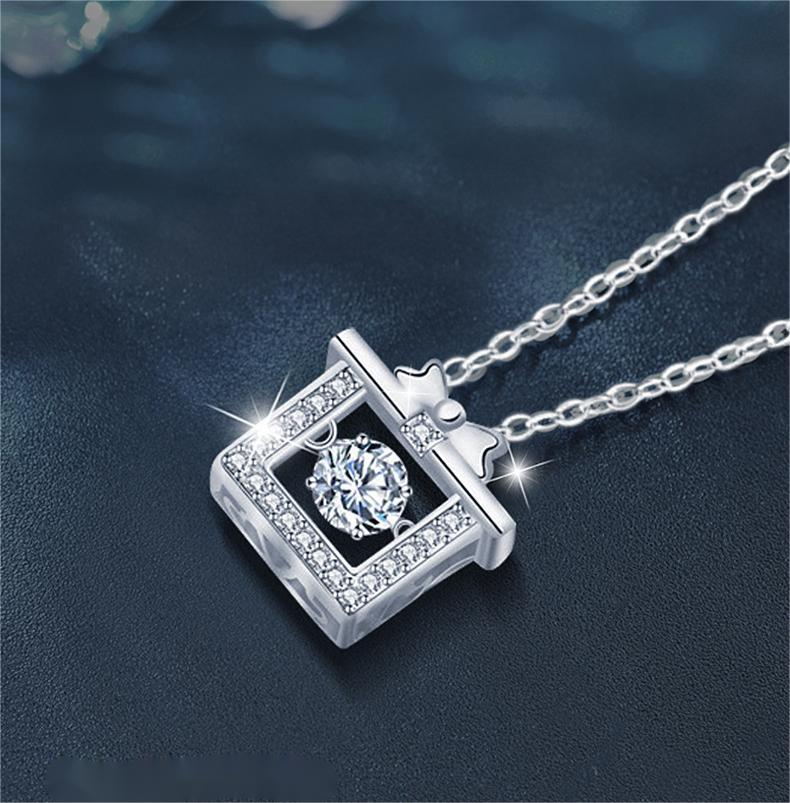 925 Sterling Silver Moissanite Gift Box Pendant Necklace | Elegant Bow Design Crystal Jewelry for Women Holiday Present
