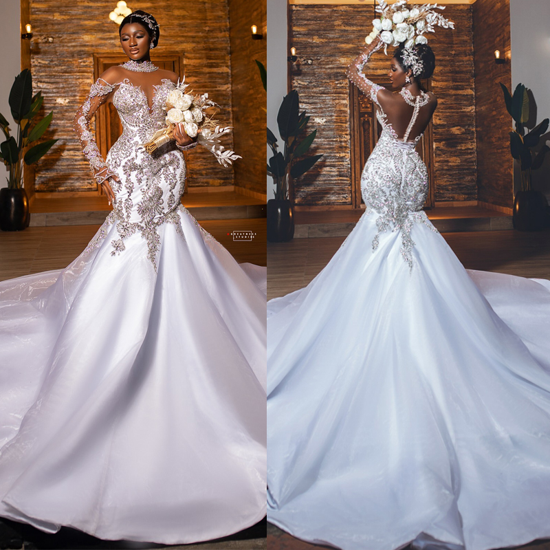 2025 Plus Size African Mermaid Wedding Dress Bridal Gowns For Bride Illusion High Neck Long Sleeves Beaded Lace Rhinestones Wedding Gowns For Black Wo