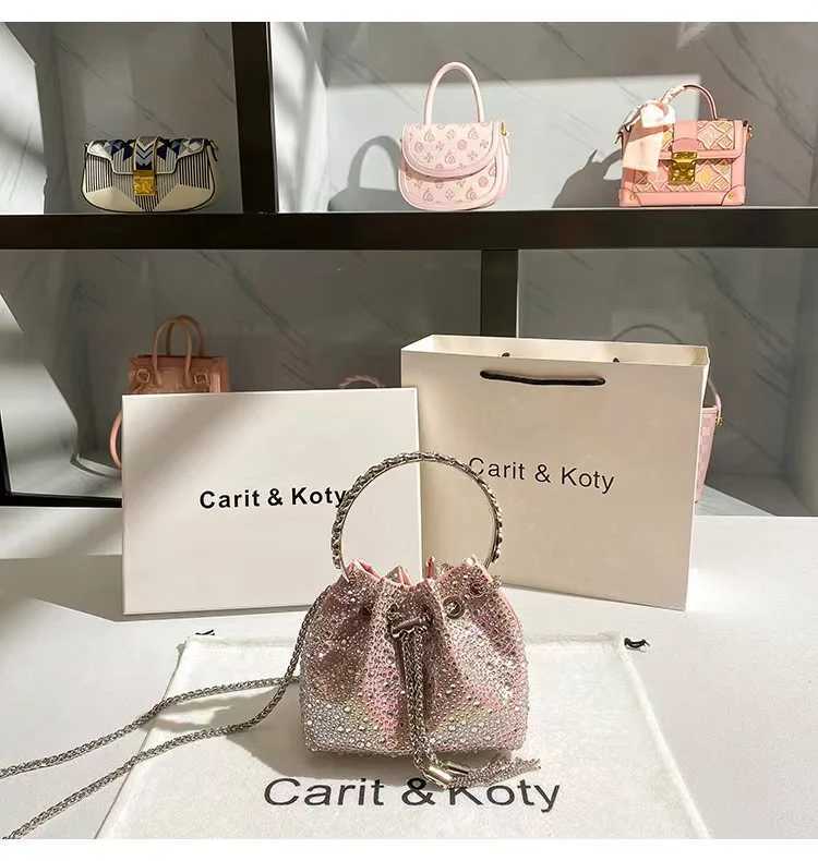 Sparkling Diamond Evening Bag Metal Ring Handle Bucket Bag Womens Handbag Wedding Party Clutch Wallet Shoulder Cross BagC250506