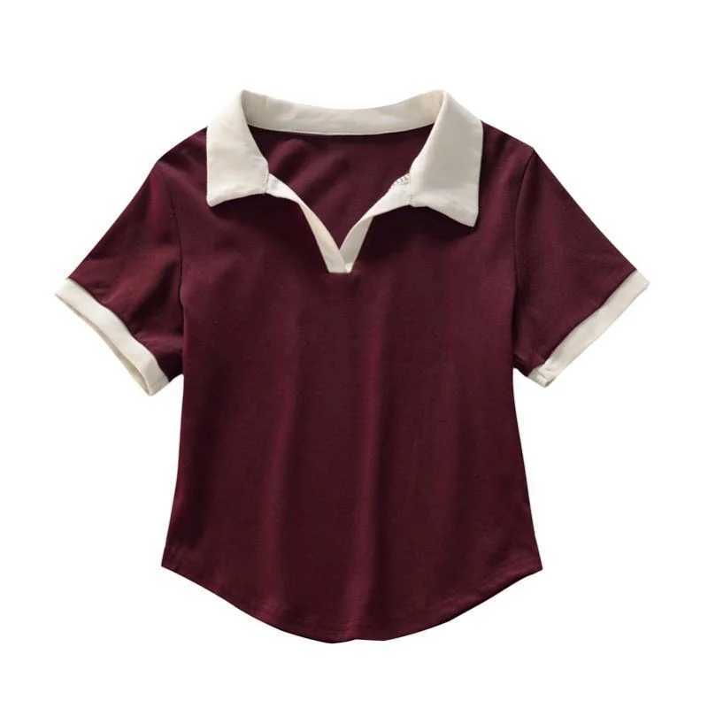 Streetwear fashion contrast color V-neck short sleeved polo shirt womens casual slim fit cotton polo shirt y2k top women M250506