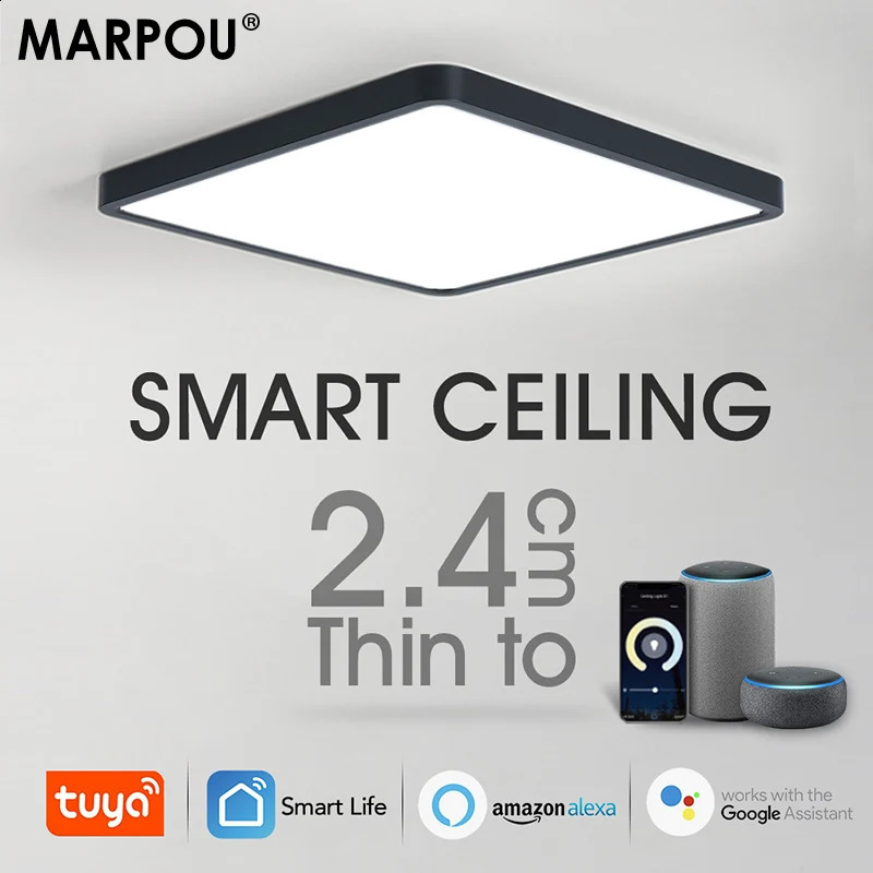 Marpou Tuya intelligent LED pendant light wood grain application voice control AlexaGoogle remote square living room 250427