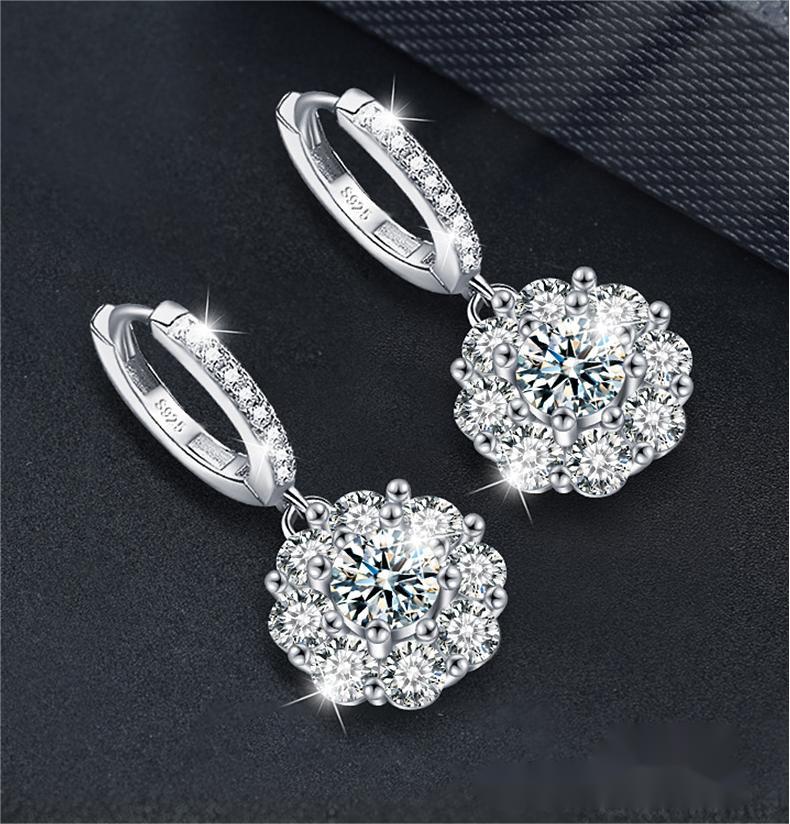 925 Sterling Silver Sunflower Moissanite Earrings - Classic 4-Prong Setting, Dazzling 3EX Cut, Rhodium Plated, Hypoallergenic, Gift for Her