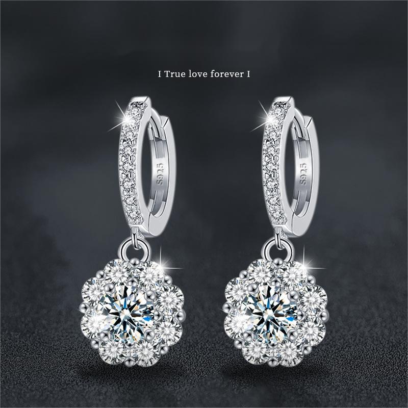 925 Sterling Silver Sunflower Moissanite Earrings - Classic 4-Prong Setting, Dazzling 3EX Cut, Rhodium Plated, Hypoallergenic, Gift for Her