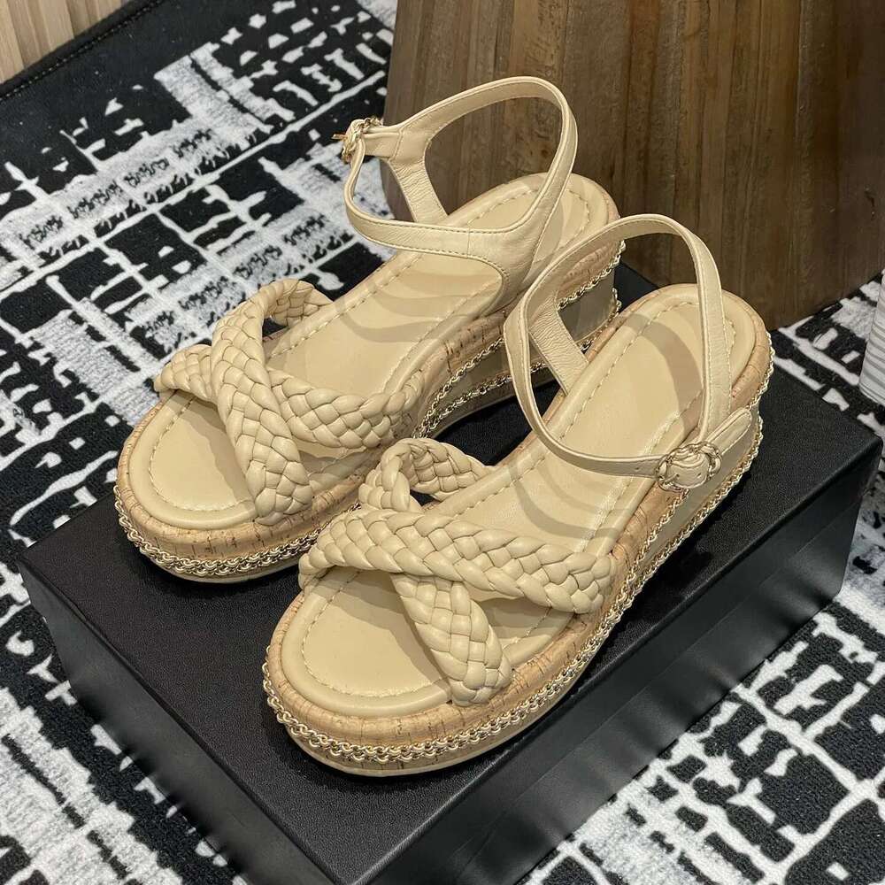 luxury Spring Summer Casual High Heels Solid Color Round Toe Shoes For Women Ankle Buckle Genuien Leather Sandals Size 35-41 New