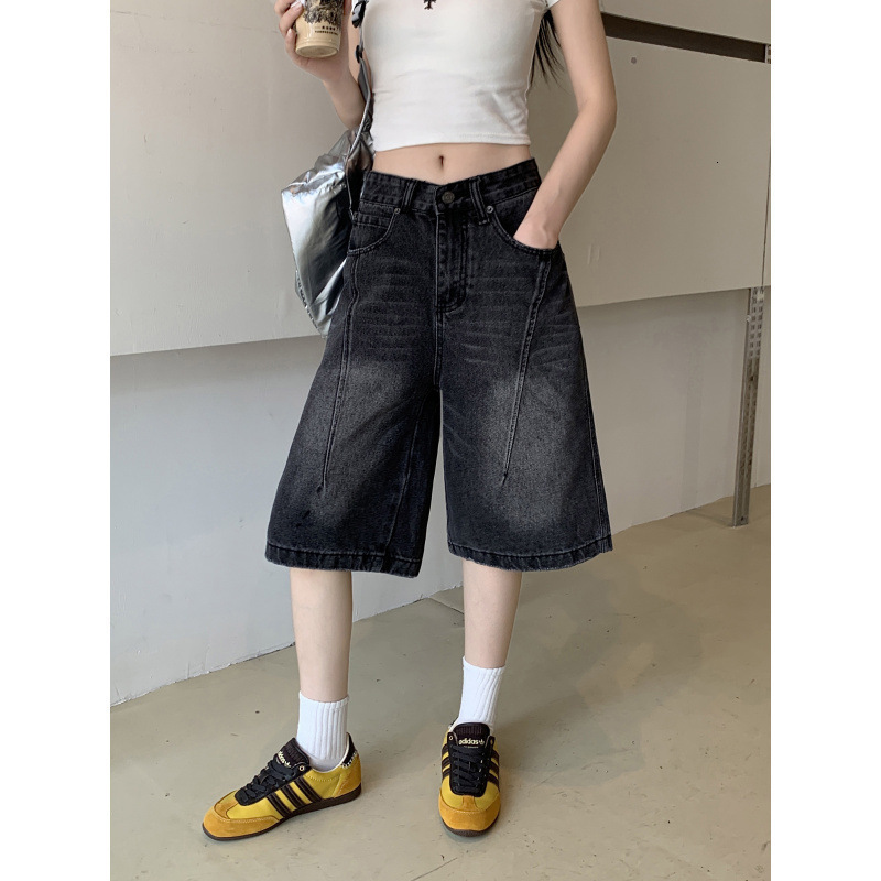 Black gray high waisted wide leg denim six quarter pants for women 241008