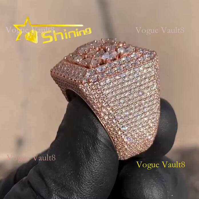 Hip Hop Sterling Sier Rose Gold Plated Iced Out Fancy Cut Buss Down Thick VVS Moissanite Dia Ring Men