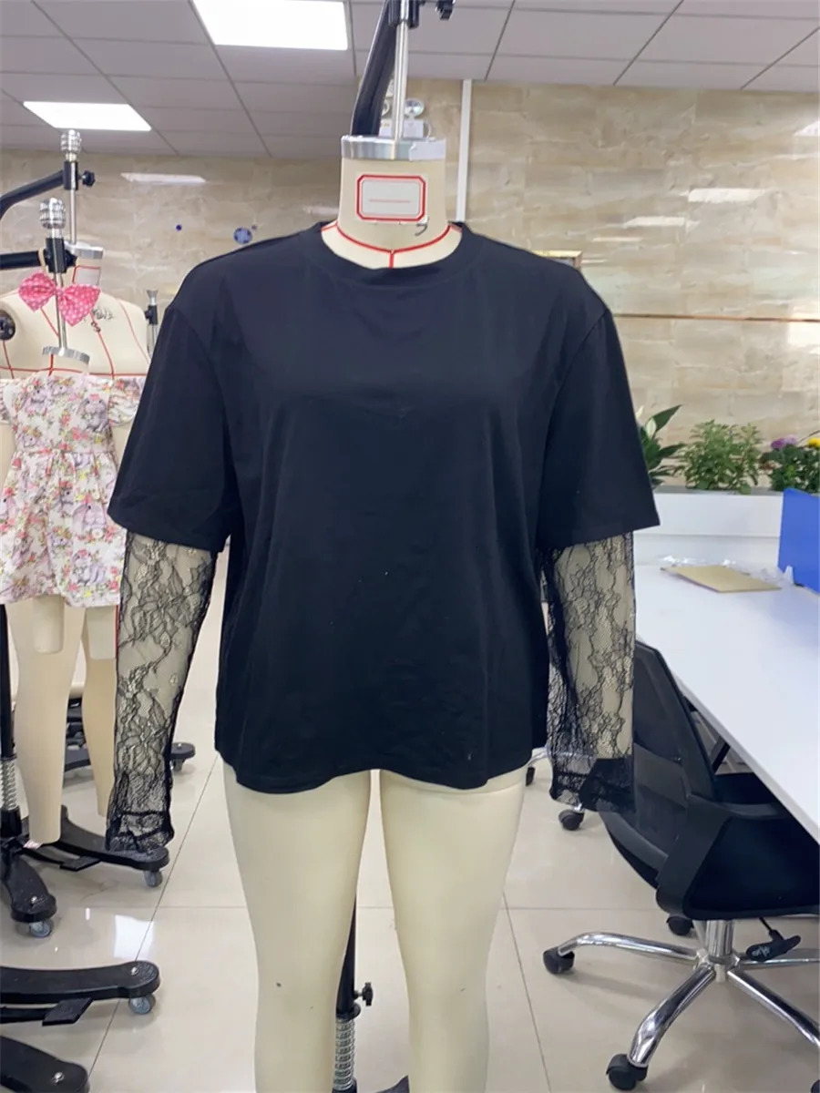 Women Round Neck T-Shirt Lace Long Sleeve Casual Shirts Spring Fall Loose Fit Tops Ladies Solid Color Tee for Streetwear Y2K 00s 250603
