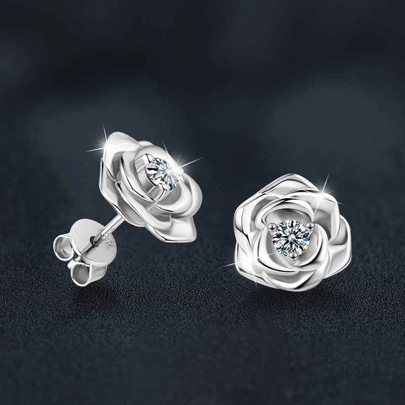 925 Sterling Silver Moissanite Rose Flower Stud Earrings for Women Jewelry Gift