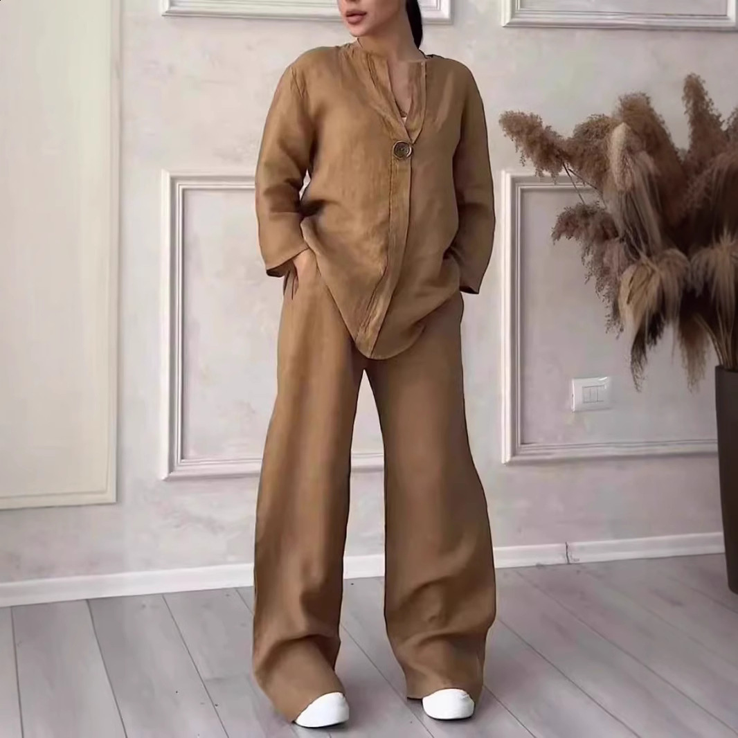 2025 summer V-neck long sleeved pants multi colored cotton and linen womens suit240830