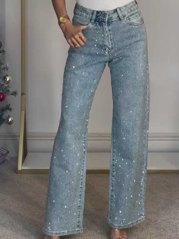 Shiny rhinestone denim womens pants full diamond womens jeans high rise pockets dragging extremely tight pants wide leg summer jeansT250319