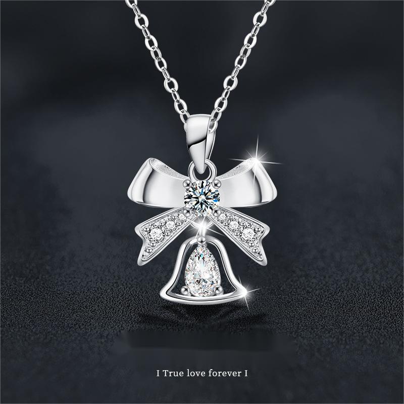 S925 Silver Moissanite Bell Pendant Necklace | Christmas Bow Design | Minimalist Collarbone Chain Jewelry for Women Winter Gift