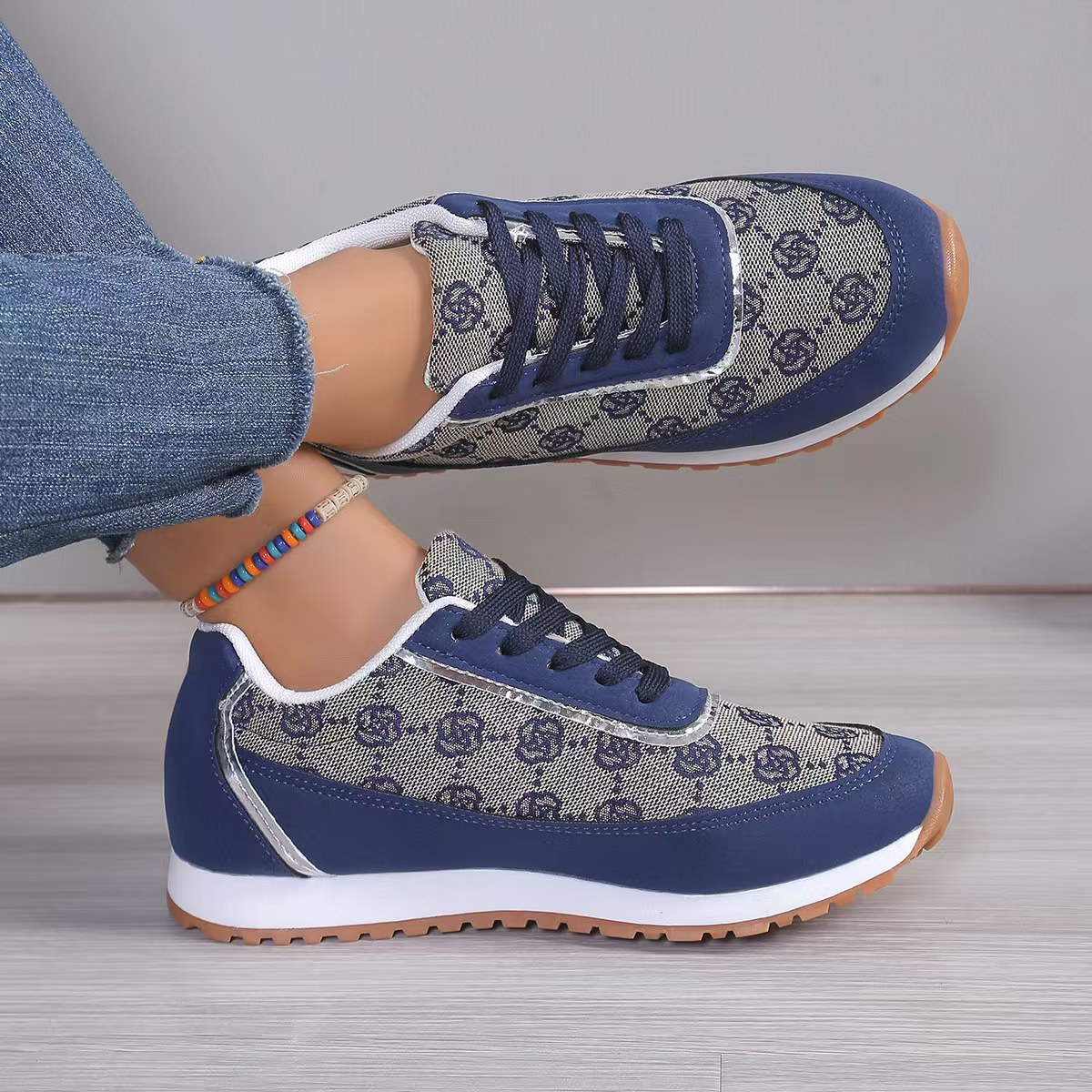 Women's New European and American Style Foreign Trade Large-Size Flower-Laced Color-Blocked Breathable Women's Casual Sports Single Shoes fo