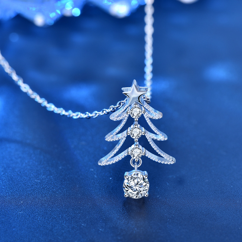 925 Sterling Silver Christmas Tree Pendant Necklace with Moissanite | Holiday Gift Jewelry for Women | Delicate Star Design