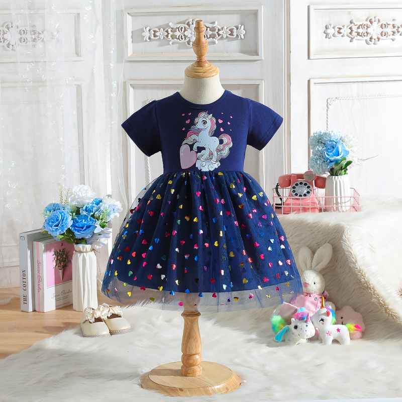 DISNEY Elsa princess dress baby clothes Children's summer dress cartoon print short sleeves and mesh princess dress.