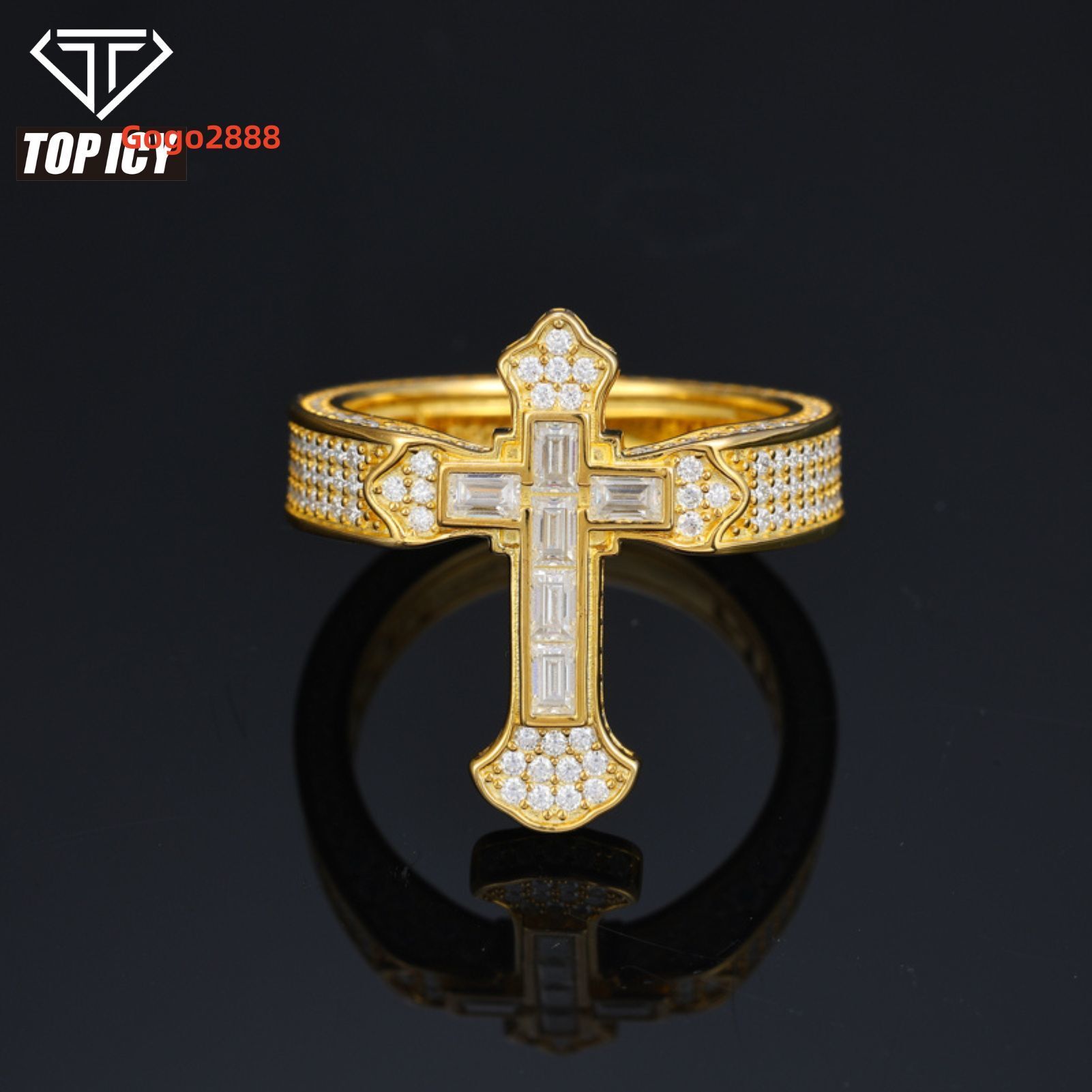 Fashion Moissanite Ring 925 Sterling Silver Baguette Diamond Cross Ring Sparkling Hip Hop Rappers Cross Jewelry Ring for Man