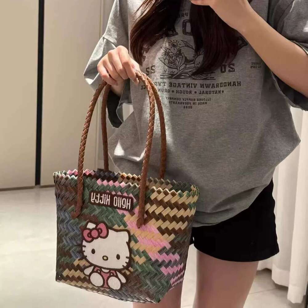 Summer Woven Bag Beach Bag Same Style Kitty Handmade Woven Wicker Basket Bag For Beach Vacation Girls Handbag KQ KQ