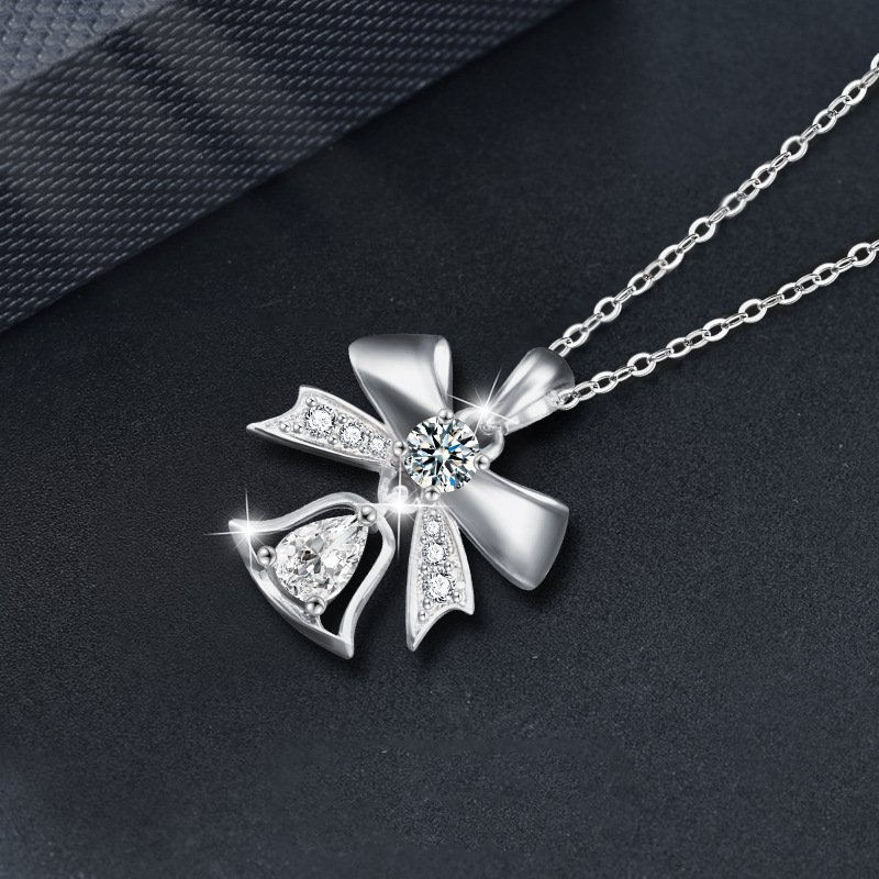 Elegant Bow and Bell Pendant Necklace in S925 Silver with Moissanite - Festive Holiday Charm Jewelry Gift for Women