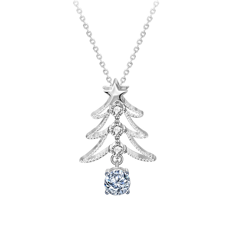 925 Sterling Silver Christmas Tree Pendant Necklace with Moissanite | Holiday Gift Jewelry for Women | Delicate Star Design