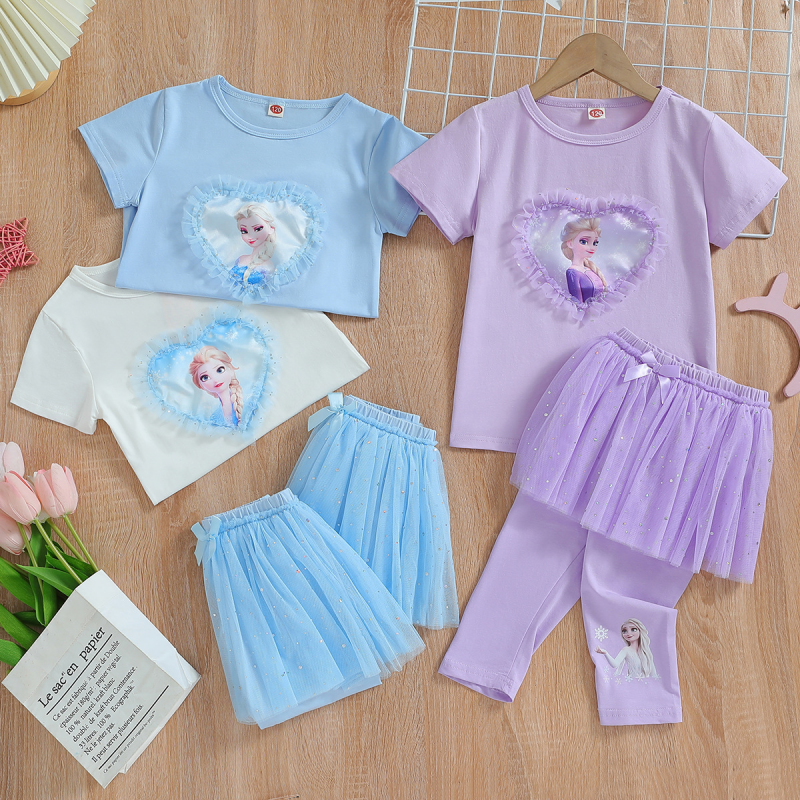 DISNEY Frozen Elsa princess girls designer clothes Girls short-sleeved suit thin long pants suit children's sports casual wear spring and summer 