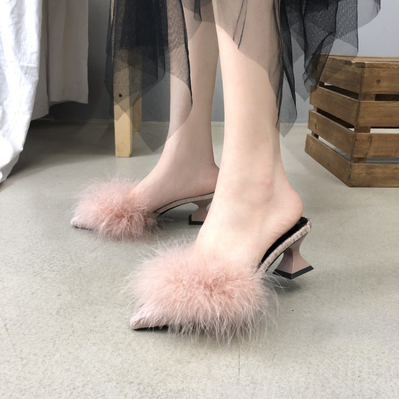 Womens Summer Fashion Fluffy High Heeled Pointed Toe Slip-On Sandals with Unique Shape