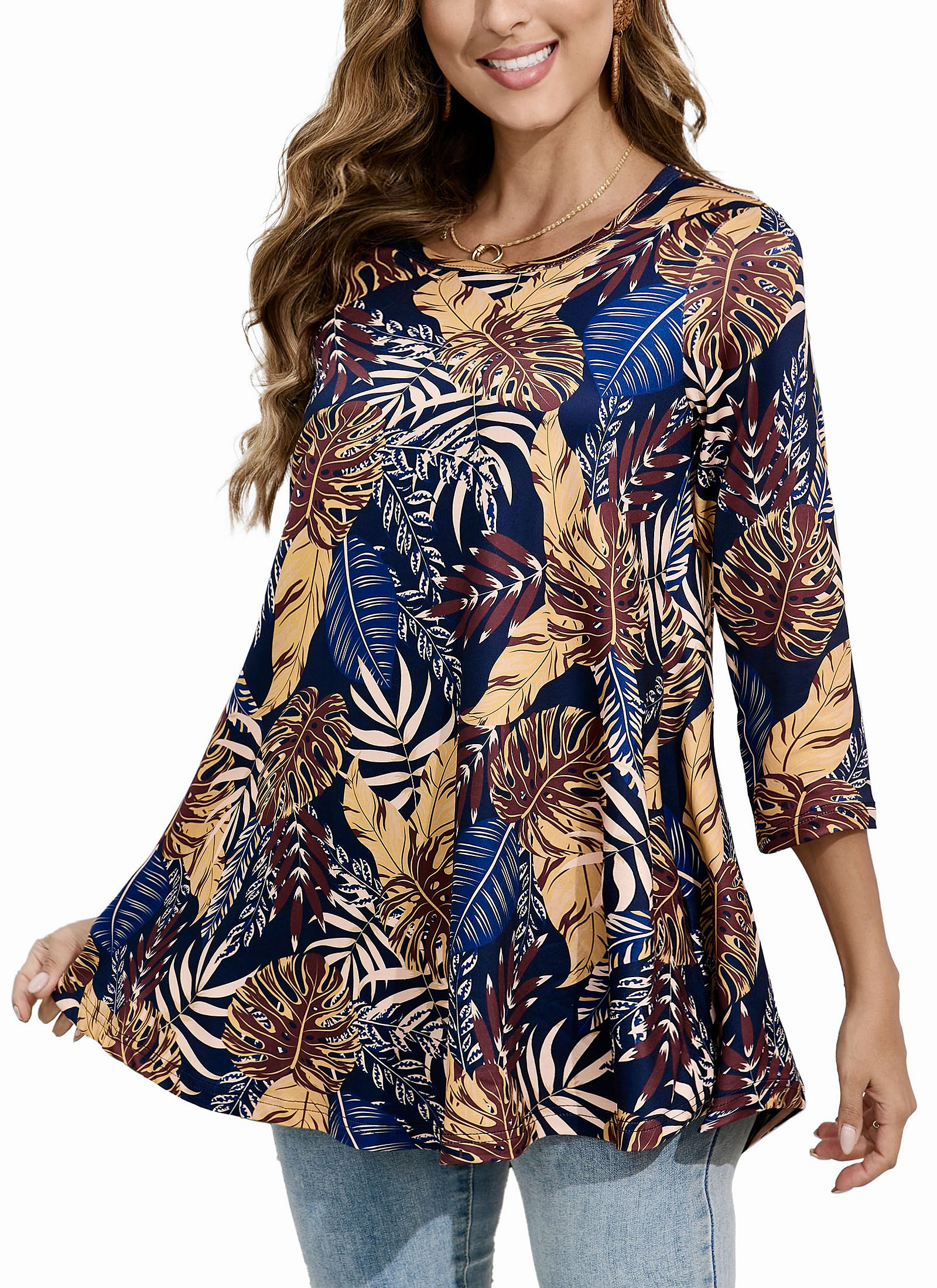Tunic Tops for Women Plus Size 3/4 Sleeve Crew Neck Swing Flare Loose T-Shirt Blouses to Wear with Leggings Plus Size Tops Navy Yellow Leaf